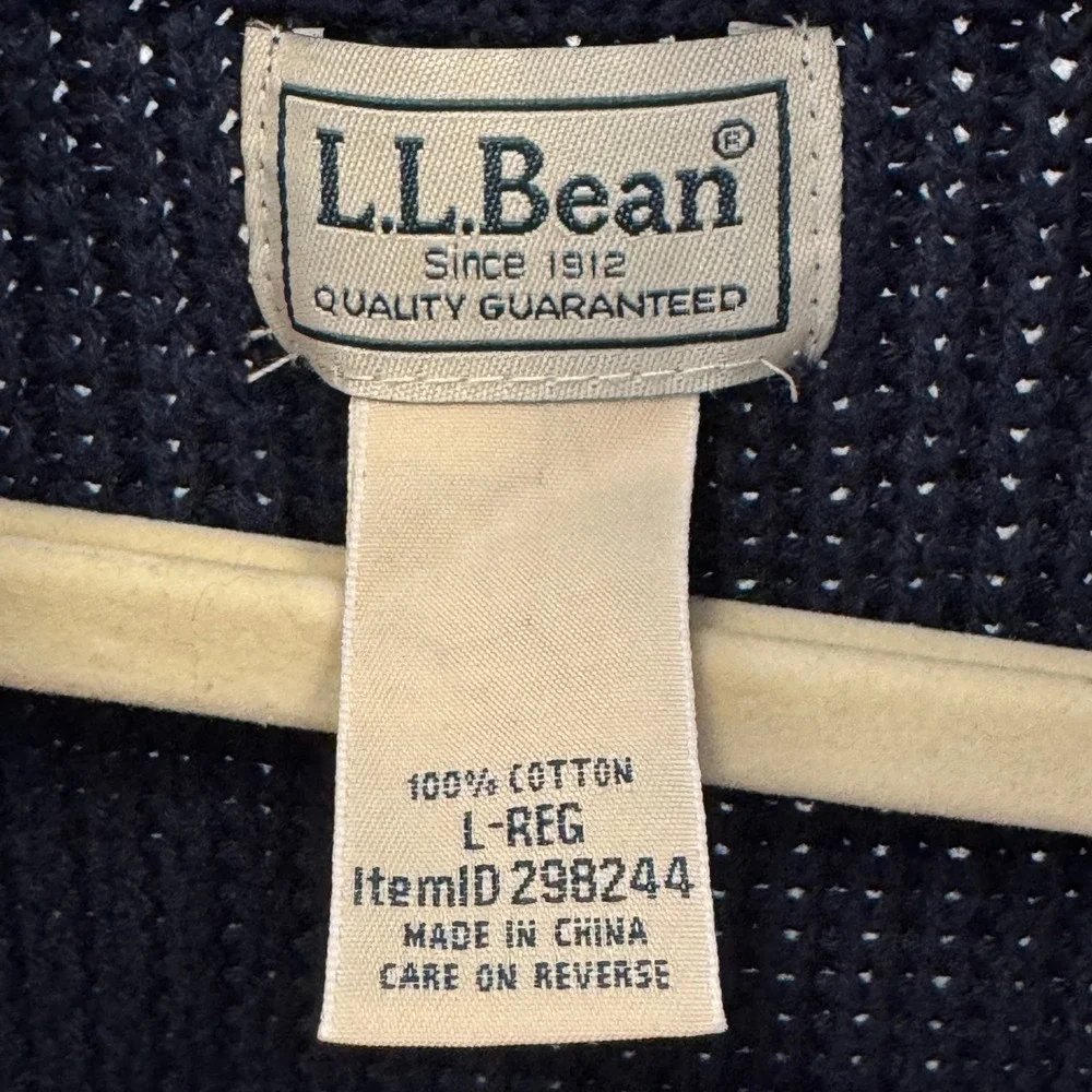L.L. Bean Men's Large Navy Cotton Full Zip Shaker Knit Cardigan Sweater 298244
